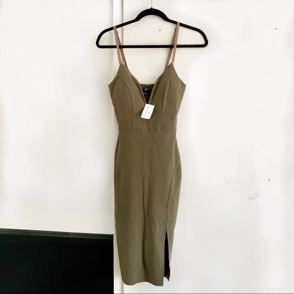 ✖️SOLD Bodycon Midi Dress w Slit- Olive Green